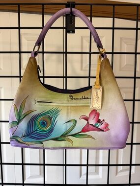 Anuschka Lavender & Green Hand-Painted Peacock Floral Shoulder Bag